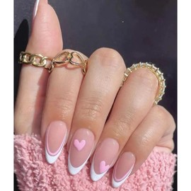 Pink Heart Press on Nails Medium Almond Fake Nails French Tip Glue on Nails Pink Love Stick on Nails Glossy Nude Full Cover Acrylic False Nails for Women Girls Manicure 24pcs…