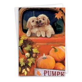 NobleWorks Thanksgiving Greeting Card with 5 x 7 Inch Envelope (1 Card) Pumpkin Puppies - Truck C10191BTGG