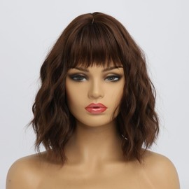 SIMKAYLEE Wavy Dark Brown Short Bob Wig with Fringe Brown Shoulder Length Wigs for Women with Bangs for Daily Wear (36 cm)