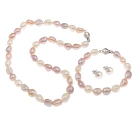 Treasure Bay Womens Pearl Set 9-10mm Natural Freshwater Pearl Necklace and Bracelet set