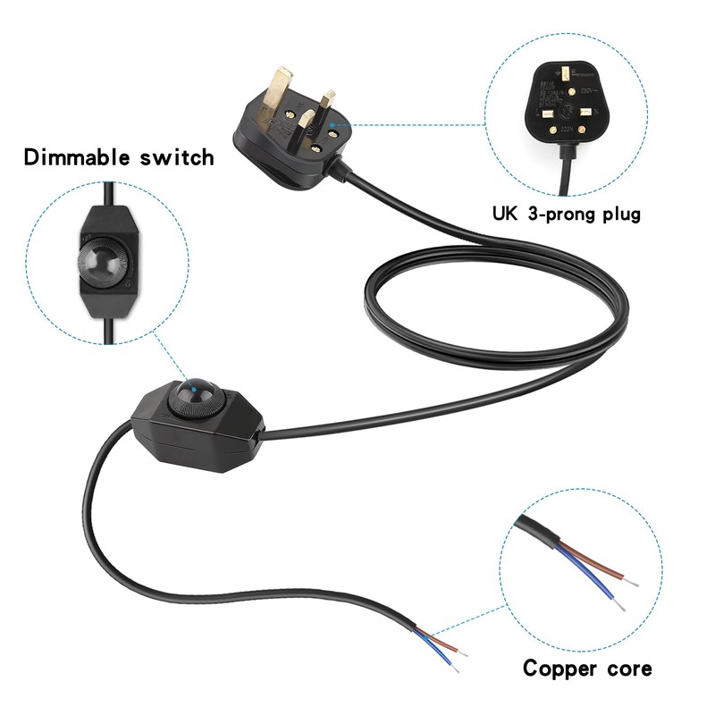 Glirowy 1.8m Black Dimmer Switch Cable, Compatible with Lamp &