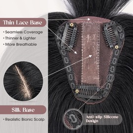 MY-LADY Human Hair Toppers for Women Real Human Hair with Bangs Thin 8 * 10CM Lace Silk Base Clip in Remy Hairpieces Hand-Tied Light Weight 10 Inch Jet Black