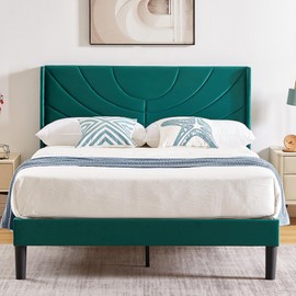 VECELO Queen Upholstered Platform Bed Frame with Fabric Headboard,Wooden Slats Support/No Box Spring Needed/Mattress Foundation,Dark Green