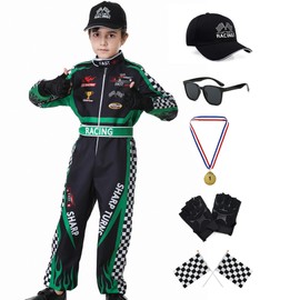 Dzorim Racing Driver Costume Children's Boys Racer Jumpsuit Fancy Dress Costumes with Gloves Glasses Flag Hat (100)