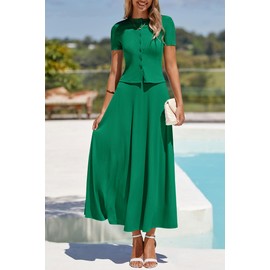 PRETTYGARDEN Women's 2 Piece Skirt Sets Summer Short Sleeve Button Up Knit Crop Top Flowy Maxi Skirts Travel Vacation Outfits (Green,XS)