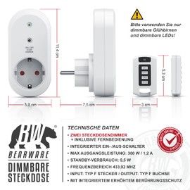 CSL Dimmable Radio Sockets Set with Remote Control Set of 2 for Indoor Use + 1 Remote Control Socket LED Status Display Integrated Touch Protection IP20
