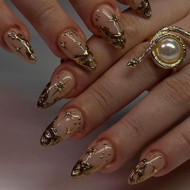 Press on Nails Short Almond Fake Nails with 3D Gold Embossed Designs Stars Glue on Nails Rhinestones Nails Press ons Nude Acrylic Nails Full Cover False Nails Cute Stick on Nails for Women 24Pcs