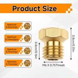Arvoni Pack of 5 gas nozzles for gas grill, universal gas nozzles, injectors, brass gas jet nozzles, burner nozzles, thread M6 x 0.75, 1 x 0.50, 2 x 0.70, 1 x 0.87, 1 x 10.2 mm