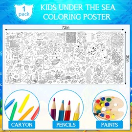 Under The Sea Large Coloring Poster for Kids 30 x 72 Inch, Ocean Animals Giant Coloring Paper Tablecloth, Sea Themed Color-in Activities Games for Kids School Classroom Home Party Supplies Decorations