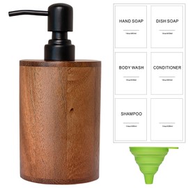 MIGAKU HOME Walnut Wood Soap Dispenser, 14oz/400ml Round Cylinder Hand Soap Dispenser for Bathroom, Kitchen, with Pump Head, Funnel & Labels, Bathroom Countertop Soap Dispensers