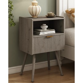 JOONEE Nightstand,Modern Bedside Table with Storage Drawer and Open Wood Shelf, for Living Room, Bedroom and Small Spaces, Accent Night Stand with Solid Wood Legs, Easy Assembly,Grey Oak