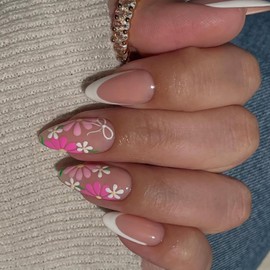 Medium Almond Press on Nails French Fake Nails with Floral Designs Nude Pink False Nails Cute Bow Acrylic Nails Glossy Full Cover Glue on Nails for Women Girls 24 Pcs