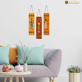Artvibes African Warli Art Designer Wooden Wall Hanging Decoration Items for Home | Gifts | Bedroom | Wooden Wall Hanger | Mdf Wall Decoration for Living Room | Artworks (WH_8102N), Set of 3