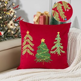 Baccessor Red Velvet Embroidery Christmas Pillow Cover 18x18 Inch, Tufted Square Pillow Cover Xmas Trees Pillowcase Winter Holiday Christmas Decor for Home Sofa Couch 1 Piece
