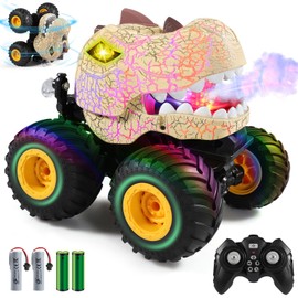 DYODYORC Remote Control Car, 2.4Ghz All Terrain Dinosaur Monster Truck Toys, RC Truck with Spay, Music, 3 Lighting Effects, Stunt Capable, Toy Gifts for Boys and Girls (Beige)