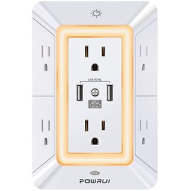 POWRUI Multi Plug 6 Outlet Surge Protector Extender with 3 USB Ports (1 USB C) and Night Light, 3-Sided Power Strip with Adapter Spaced Outlets, ETL Listed, White