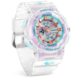 PINIDOUS Women Watch for Women Outdoor Waterproof Digital Sports Analog Watches for Ladies Students with Stopwatch Alarm Countdown Dual Display 7 Color LED Backlight
