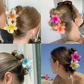 5Pcs Flower Claw Clip for Women Multicolor Hawaii Plumeria Flowers Claw Clips Large Hibiscus Hairs Clips Beach Party Hairs Accessories Artificial Tropical Flowers Hairpins Flower Hair Barrettes