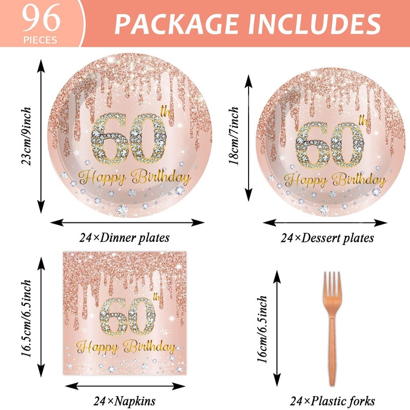 96 Pieces 60th Birthday Tableware Set for Pink Rose Gold