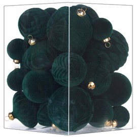 Flocked Ornaments for Christmas Tree Decorations - 35pcs Dark Green Velvet Ball Ornament for Winter Holiday Decor - Plastic Shatterproof Xmas Ornaments Bulk