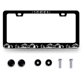 Moon Phase License Plate Frame Mountains Forest License Plate Black Stainless Steel Funny Accessory Cars Decor for Men Women 12.2 X 6.2 Inch with 2 Holes and Screws Fits Standard Us Ca Vehicles