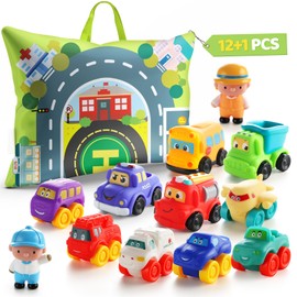 bessome Soft Rubber Cars Toy for 1 Year Old Boy with Playmat (Storage Bag)|12 PCS Cartoon Cars Baby Toys for 12-18 Months|Toddler Toys Age 1-2|First Birthday Gift for 1 2 3 Year Old Boy