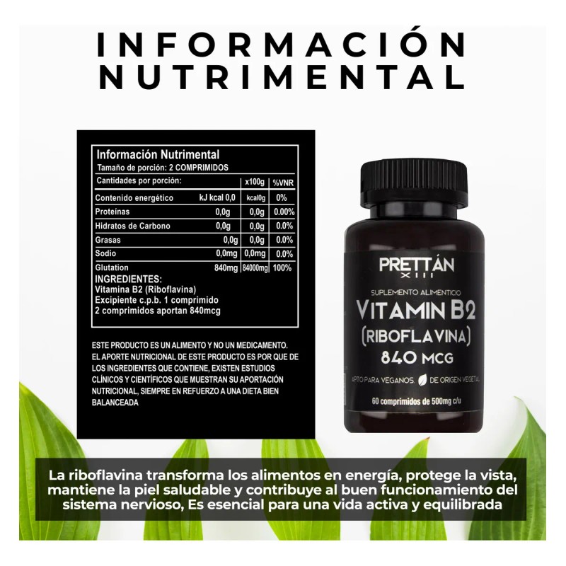 Vitamina B2 Riboflavina Prettan 60 Capsulas 500mg