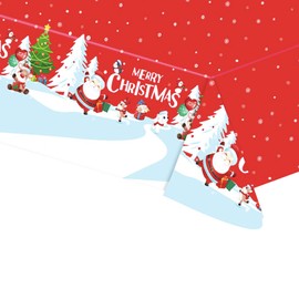 POPOYU Christmas Party Tablecloth,137 * 274cm Large Plastic Xmas Table Cover for Christmas Party,Rectangle Table Cloths Santa Xmas Tablecloth for Winter Holiday Xmas Party Table Decoration Supplies