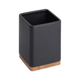 KOOK TIME Kitchen Utensil Holder - Utensil Holder Kitchen Made of Ceramic and Bamboo - Square Kitchen Aid Storage - Black - 10.5 x 10.5 x 15 cm