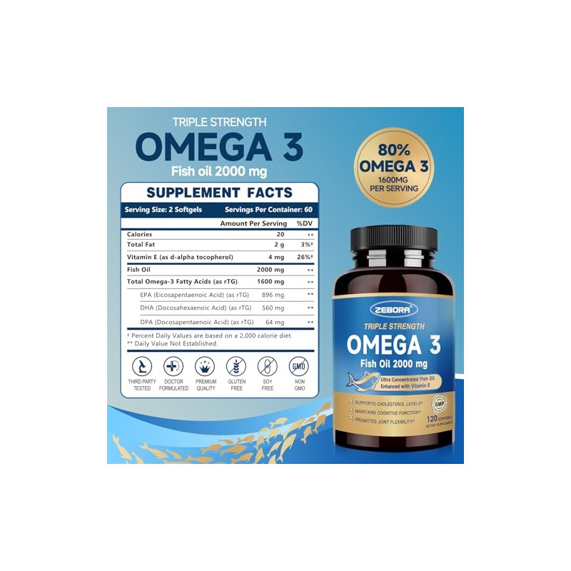 ZEBORA Aceite de pescado Omega-3 de triple potencia 2000 mg