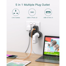 Addtam Double Plug Extension with 3 USB Ports (2 USB-C), 2 Way Multi Plug Adaptor, 13A UK 3 Pin Socket Extension for Home, Office, Travel and School Supplies (Black)