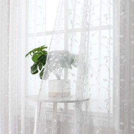 Tollpiz Leaves Sheer Curtain White Leaf Embroidery Living Room Curtains Rod Pocket Voile Faux Linen Embroidered Leaves Curtain for Bedroom, 38 x 63 inches Long, Set of 2 Panels