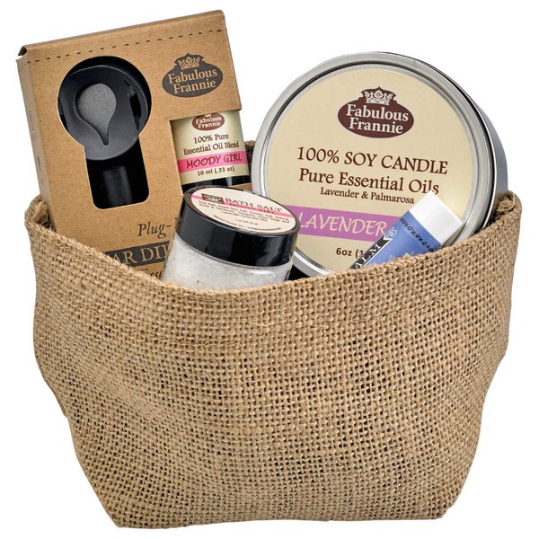 Fabulous Frannie All Natural PMS Relief Gift Basket includes 6oz Candle, 1oz Bath Salt, Lip Balm, and Car Diffuser with 10ml Pure Essential Oil Blend