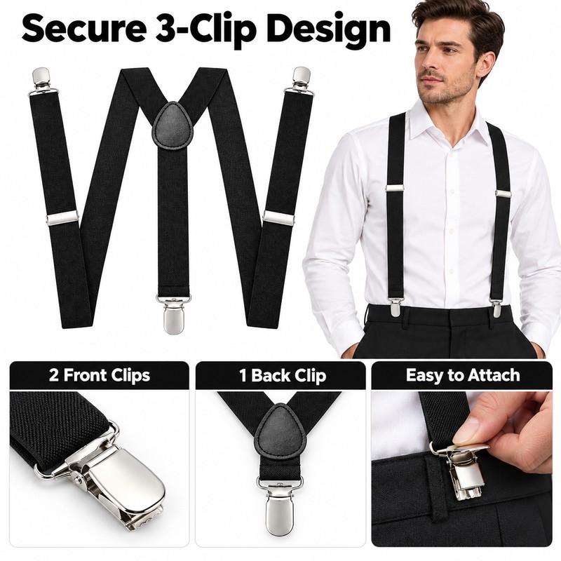 Black Y-Back Suspenders for Men and Women – Adjustable Polyester