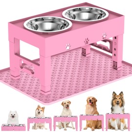 LAKIPETN Elevated Dog Bowls with Mat, Raised Dog Food Bowl Stand with 2 Stainless Steel Bowls, 5 Height Adjustable (3.1", 9", 10", 11", 12") Non-Slip Feeder Set for Medium and Large Dogs – Pink