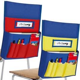 Lewtemi 2 Pcs Desk Chair Seat Back Organizer with 5 Pockets Chair Pockets for Classrooms School Seat Chair Storage Pocket Chart with Name Label Slot for Home Office, 18 x 19 Inch(Red, Yellow)