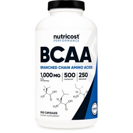 Nutricost BCAA 1000 mg, 500 cpsulas (250 serv), aminocidos de cadena ramificada 211 (500 mg de L-leucina, 250 mg de L-isoleucina y L-valina)          