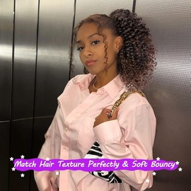 rosmile Short Kinky Curly Ponytail Extension for Black Women, 10 Inch Ombre Natural Black To Brown Drawstring Curly Ponytail with Two Clips, Synthetic Afro Drawstring Ponytail for Black Women
