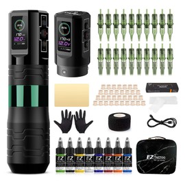EZ Tattoo Kit - Tattoo Gun Kit with 5 Strokes 3.0-5.0mm Wireless Tattoo Machine Pen with Extra 1600mAh Power Supply and Tattoo Ink for Tattoo Beginners and Tattoo Artists (P3 Pro Turbo Green)