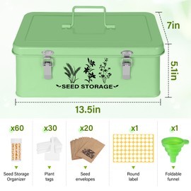 Seed Storage Box Organizer - Metal Garden Seed Storage Container Kit with 60 Vials, 30 Plant Tags, 20 Envelopes, Funnel & Labels - Moisture-Proof Seed Bank for Long Term Storage