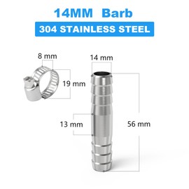 ERGAOBOY Pack of 5 14 mm Stainless Steel Straight Hose Barb, 2-Way I-shaped SUS 304 Hose Fitting with 10 Pieces Clamps