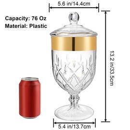 Hacaroa 76 Oz Large Plastic Apothecary Jar with Airtight Lid, Acrylic Candy Cookie Jar for Candy Buffet, Decorative Footed Wedding Container Bathroom Canister for Bath Salt, Vanity, Party, Gold Trim