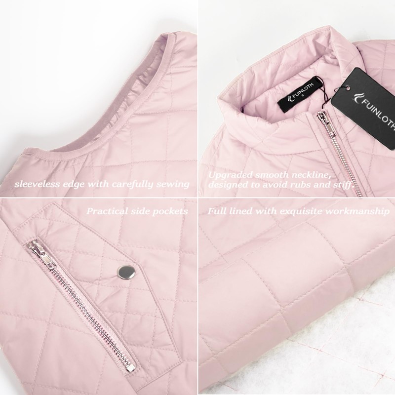 Fuinloth Women's Quilted Vest, Stand Collar Lightweight Zip Padded Gilet