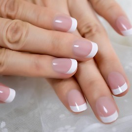 ELEVENAIL Natural Glossy Nude Pink White Press on French False Nails Short Round Fake Nails Tips Salon Manicure Reusable DIY Artificial Nails Art for Women Girls