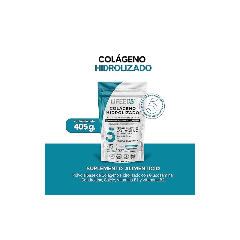 LIFEED5 Colágeno Hidrolizado en Polvo con Glucosamina | 45 porciones