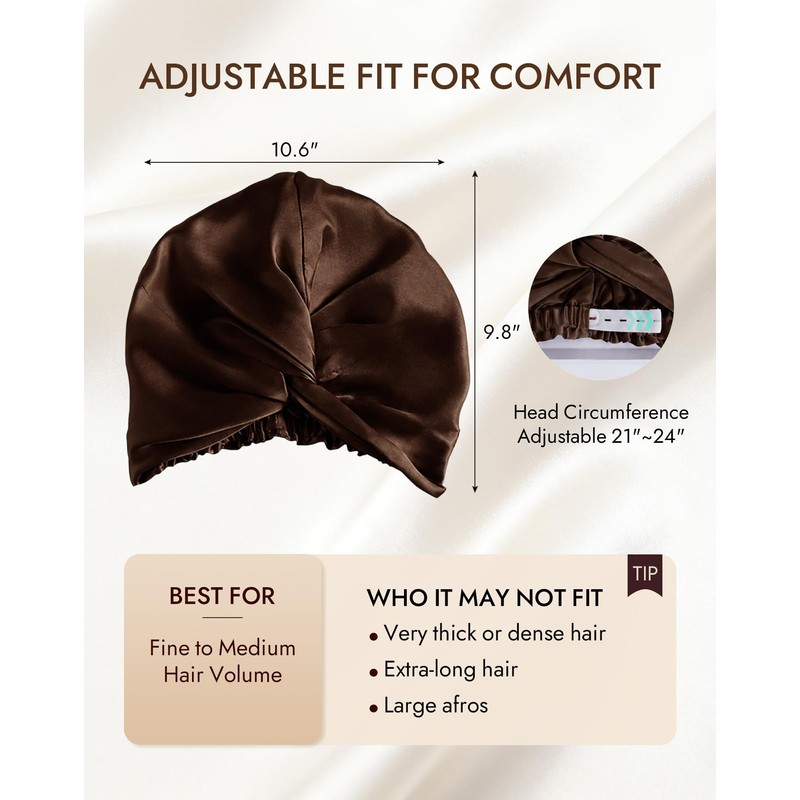 22 Momme 100% Mulberry Silk Bonnet for Sleeping Women, Coffee