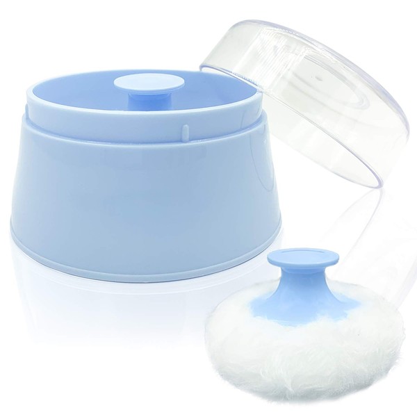 BPA Free Baby Powder Puff Box, Large 2.8" Fluffy Body After-Bath Powder Case, Baby Care Face/Body Villus Powder Puff Container, Makeup Cosmetic Talcum Powder Container with Hand Holder (Blue)