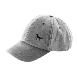 THE HOUSE OF DOG: Black Labrador Retiever Owner Gift. Distressed Vintage Washed 100% Heavyweight Brushed Cotton Embroidered 6 Panel Low Profile Baseball Cap. Grey