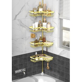 KEGII Corner Gold Shower Caddy Tension Pole - 4-Tier Rustproof Shower Rod Organizer, Floor to Ceiling Tension Rod 25-114.2 inch, Stainless Steel Corner Shower Shelf, Waterproof