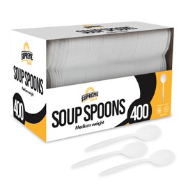 Supreme Select Disposable White Soup Spoon [400-Pack] Medium-Weight Disposable Plastic Cutlery - Durable and Reusable Bulk Utensils for Parties, Picnics, Takeout, Restaurant, School, Home & Office